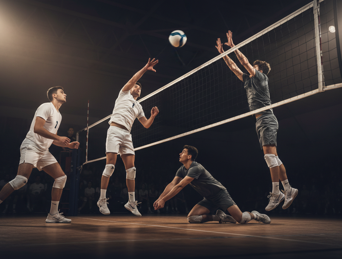 Crea un'immagine realistica di due squadre di ragazzi che giocano a pallavolo con la rete  con completi diversi (uno con magliette e pantaloncini di colori bianco l'altra con colori più scuri), in un ambiente con sfondo scuro e dettagli realistici. La scena dovrebbe catturare l'energia del gioco, con movimento e dinamismo evidenti, ambientata magari in un campo all'aperto o in un palazzetto con luci soffuse.