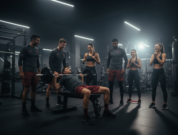 persone che si alleano in abbigliamento spotivo nike con sfondo di una palestra con colori scuri molto realistico